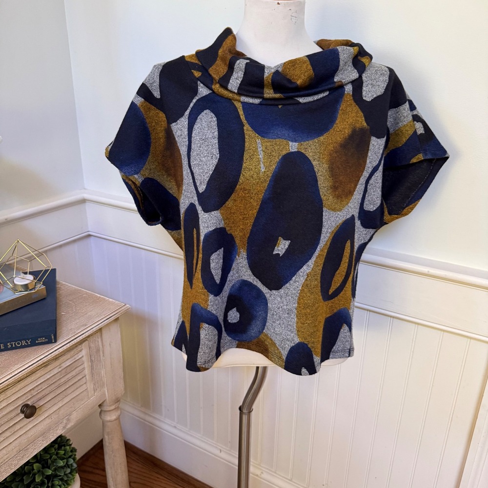 Kozan Women Small Abstract Geometric Cowl Neck Top Navy Gold Boxy Lagenlook Sz S